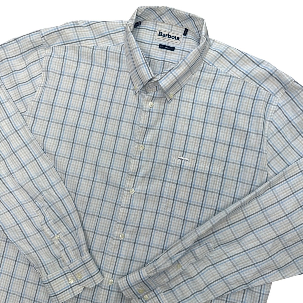 Barbour Dunoon Tailored Shirt Mens XXL Blue Tan Plaid Button Down MSH5288ST51